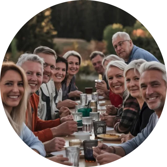 A group of friends from a community smiling around a long outdoor dinner table