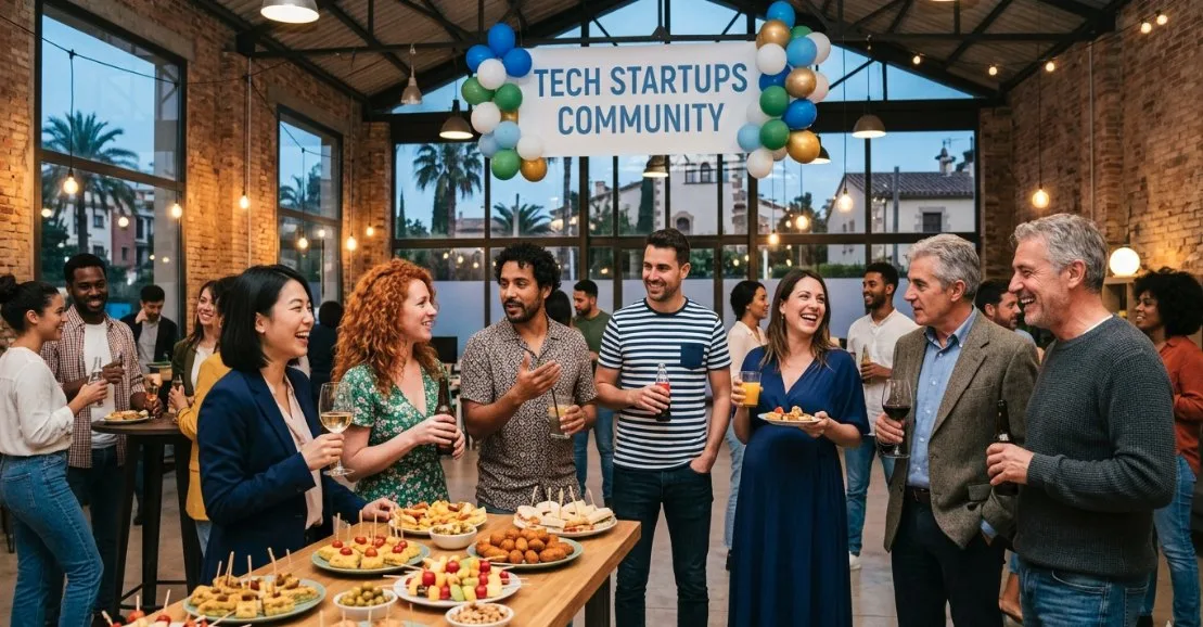 Members of a startup community talking and laughing at a networking evening